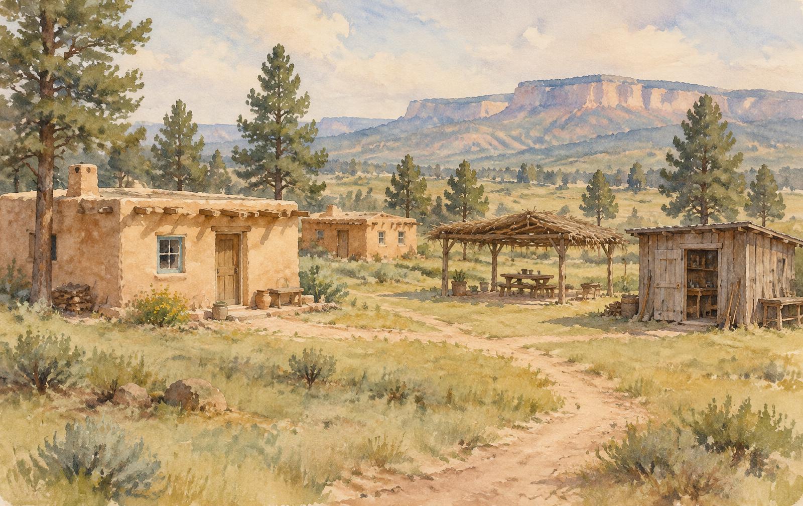 Watercolor concept of modest casitas, a workshop and a shade ramada on open Arizona land